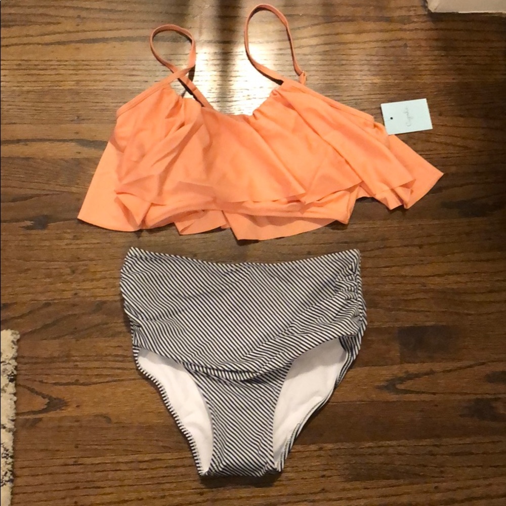 Swim Coral Flutter top stripe high waist bottom